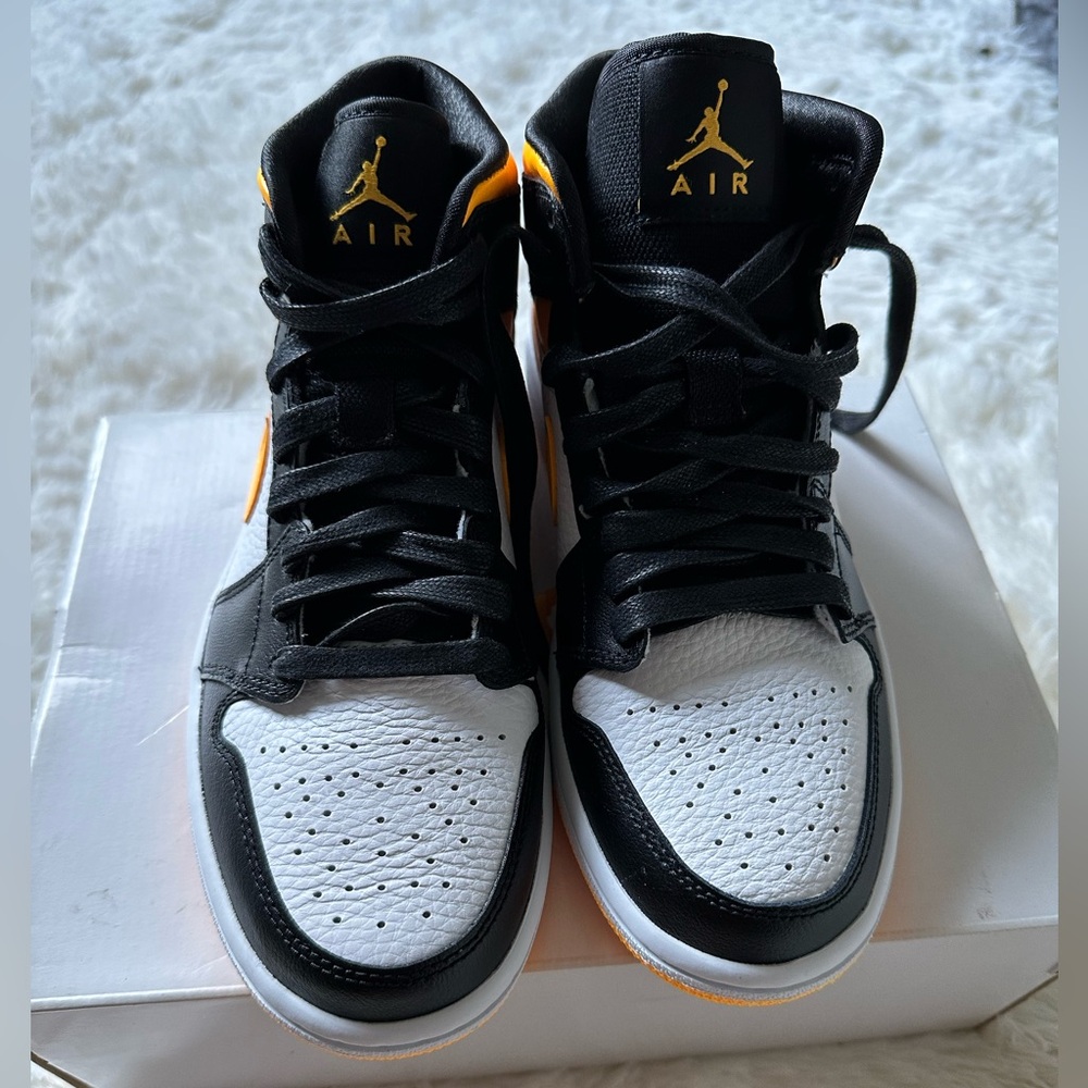 Jordans- Black, White, and Yellow/Orange Sneakers